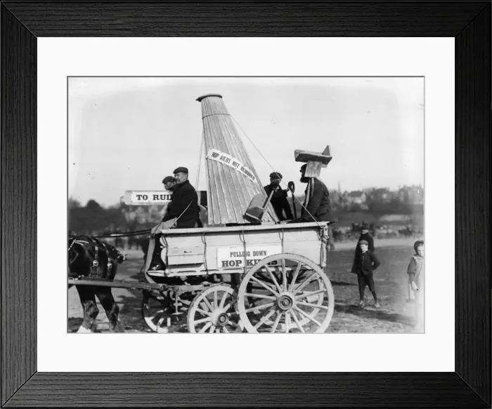 Framed Print : Hop Kilns. 16th April 1908: Hop-pickers drive their cart to a demonstration at Maidstone Framed Print : Hop Kilns. 16th April 1908: Hop-pickers drive their cart to a demonstration at Maidstone