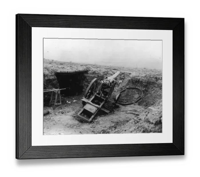 Framed Print : Outgunned. October 1913: A wrecked cannon after bombardment during the Balkan War Framed Print : Outgunned. October 1913: A wrecked cannon after bombardment during the Balkan War
