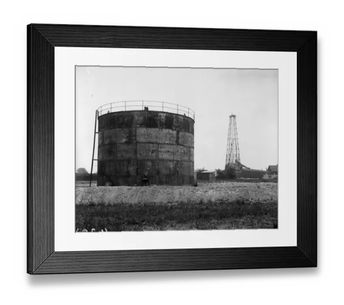 Framed Print : Oil Well. June 1919: Storage tank and derrick at Anglo-Mexican oil wells in Chesterfield Framed Print : Oil Well. June 1919: Storage tank and derrick at Anglo-Mexican oil wells in Chesterfield