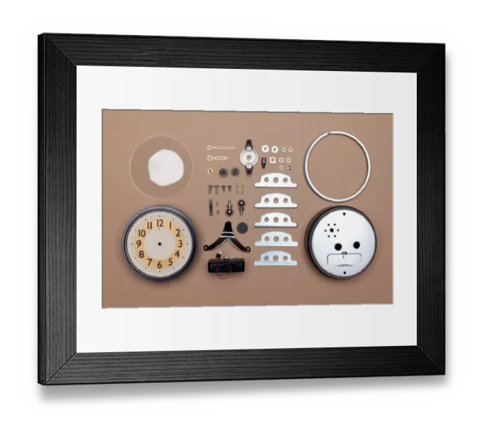 Framed Print : Alarm clock broken down into individual parts Framed Print : Alarm clock broken down into individual parts
