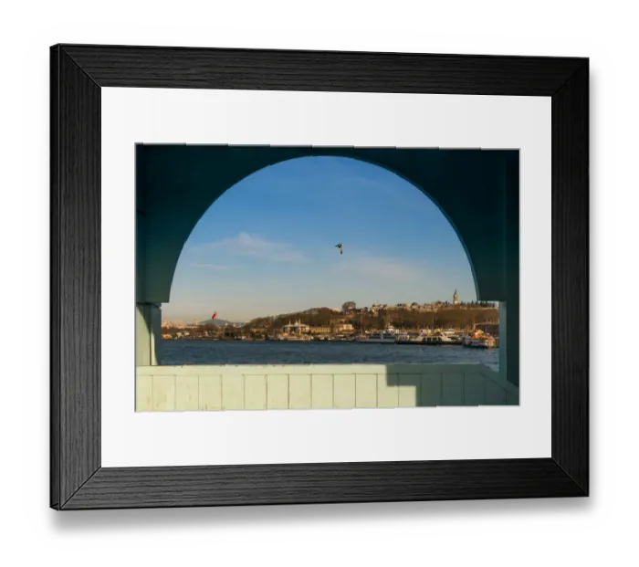 Framed Print : Istanbul city looking through the architecture of Galata bridge