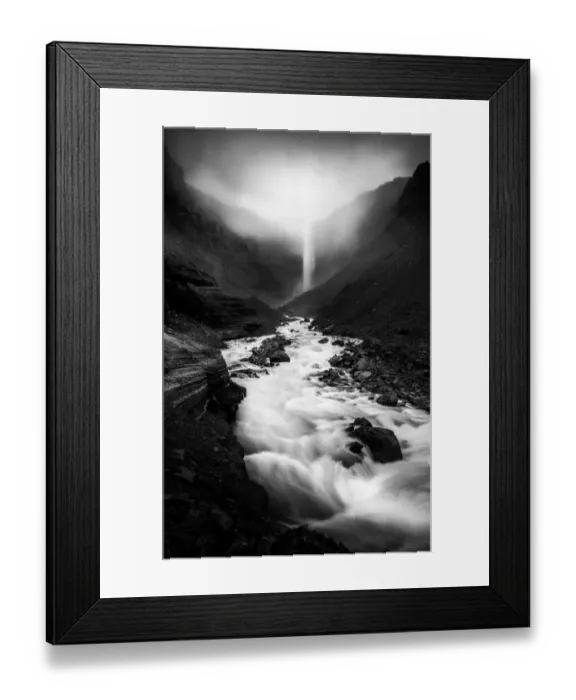 Framed Print : Cloudy day at Hengifoss in black and white