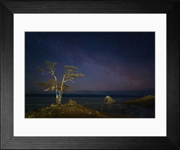 Framed Print : Sacred tree of Baikal lake at nigt