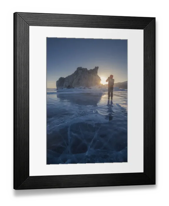 Framed Print : Tourist talking photo at frozen Lake Baikal Framed Print : Tourist talking photo at frozen Lake Baikal