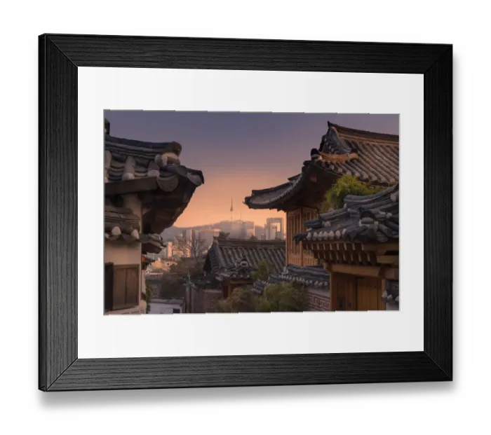 Framed Print : Bukchon Hanok village with Seoul city background Framed Print : Bukchon Hanok village with Seoul city background