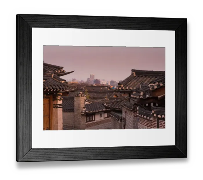 Framed Print : Bukchon Hanok village with Seoul city background Framed Print : Bukchon Hanok village with Seoul city background