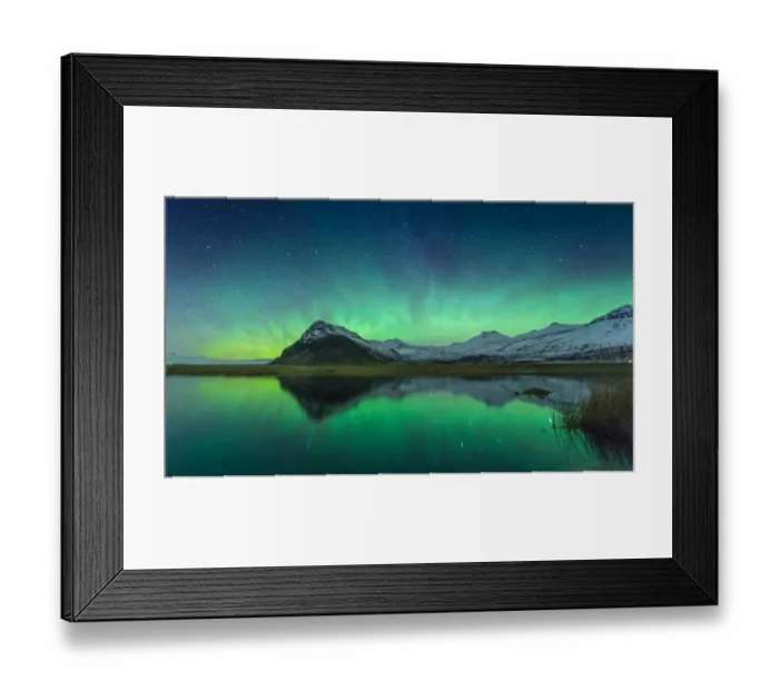 Framed Print : Snow mountain with northern light background