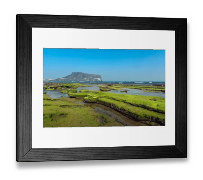 Framed Print : Green moss coast with Seongsan Ilchulbong Peak background Framed Print : Green moss coast with Seongsan Ilchulbong Peak background