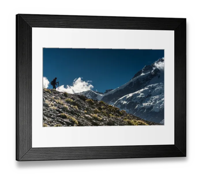 Framed Print : a man trekking over Mount Cook trail Framed Print : a man trekking over Mount Cook trail