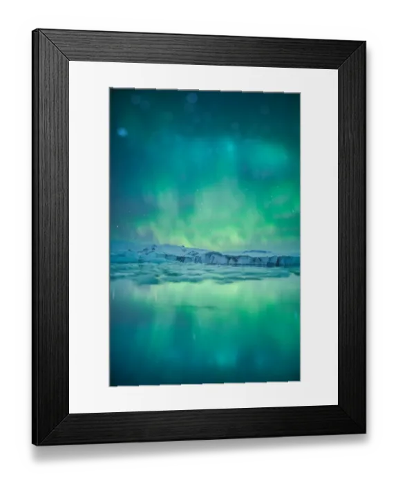 Framed Print : Emerald northern lights with star bokeh