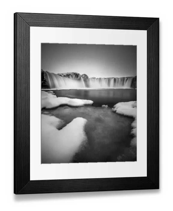 Framed Print : winter landscape of Godafoss in Black and white