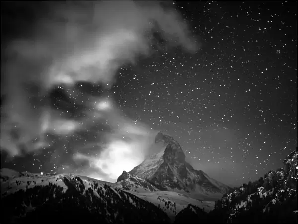 Matterhorn with stars in black and white