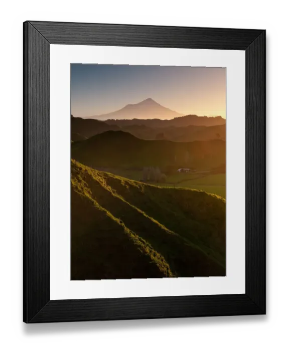 Framed Print : Mount Egmont with hilly countryside in vertical Framed Print : Mount Egmont with hilly countryside in vertical