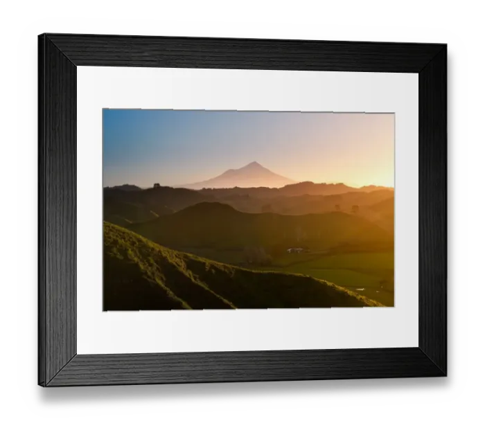 Framed Print : Mount Egmont with hilly countryside Framed Print : Mount Egmont with hilly countryside