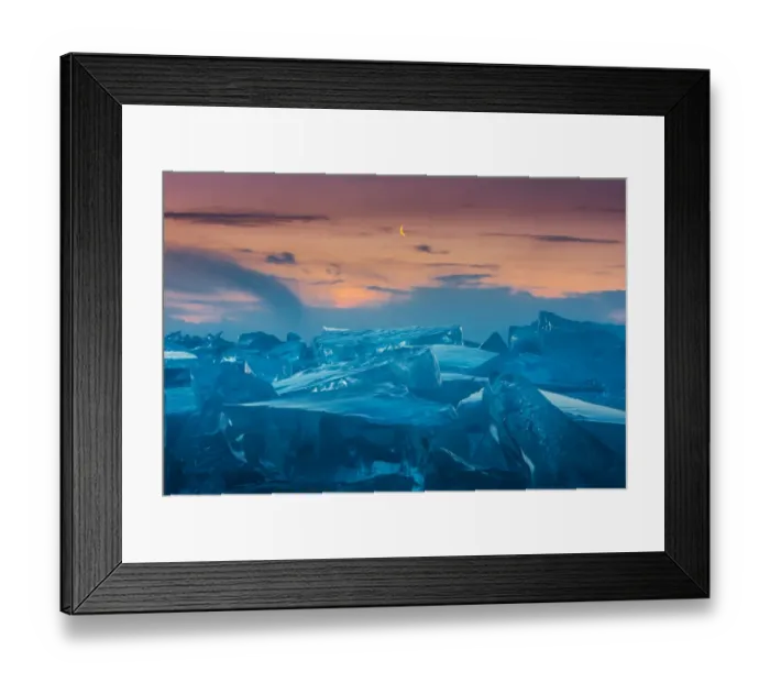 Framed Print : Morning crescent moon at frozen lake Framed Print : Morning crescent moon at frozen lake