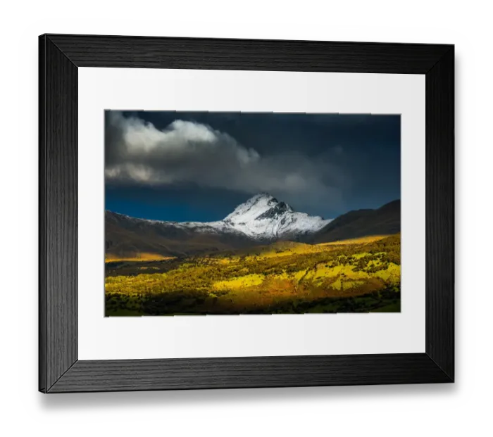 Framed Print : evening light shine upon mountain range
