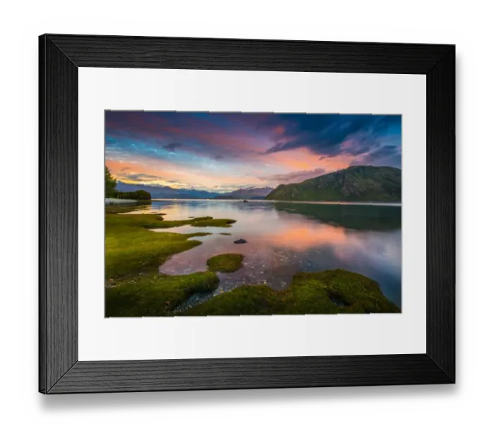 Framed Print : Sunset landscape with colourful sky at Wanaka lake Framed Print : Sunset landscape with colourful sky at Wanaka lake