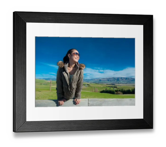 Framed Print : Woman smile with hilly landscape background Framed Print : Woman smile with hilly landscape background