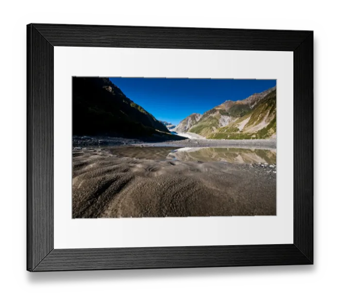 Framed Print : Fox glacier with sand and reflection Framed Print : Fox glacier with sand and reflection