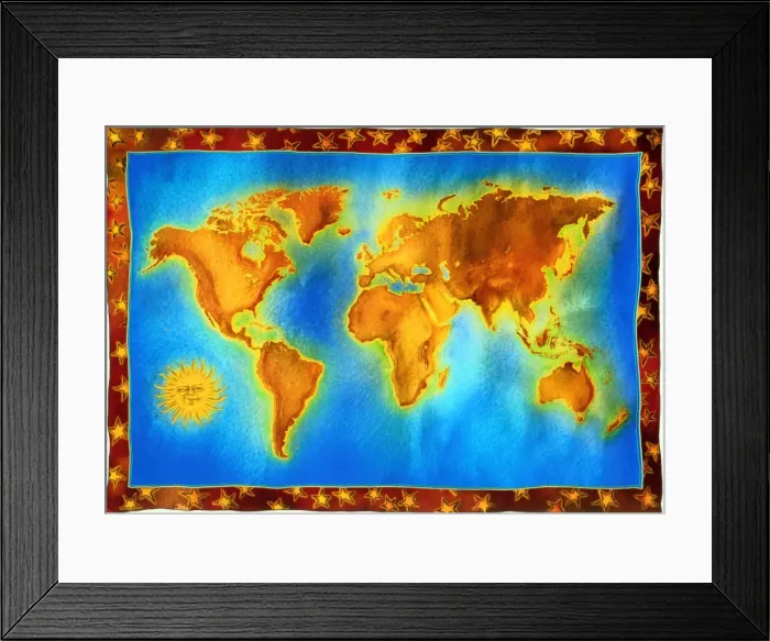 Framed Print : Colourful map of world, with winking sun in corner (Composite) Framed Print : Colourful map of world, with winking sun in corner (Composite)