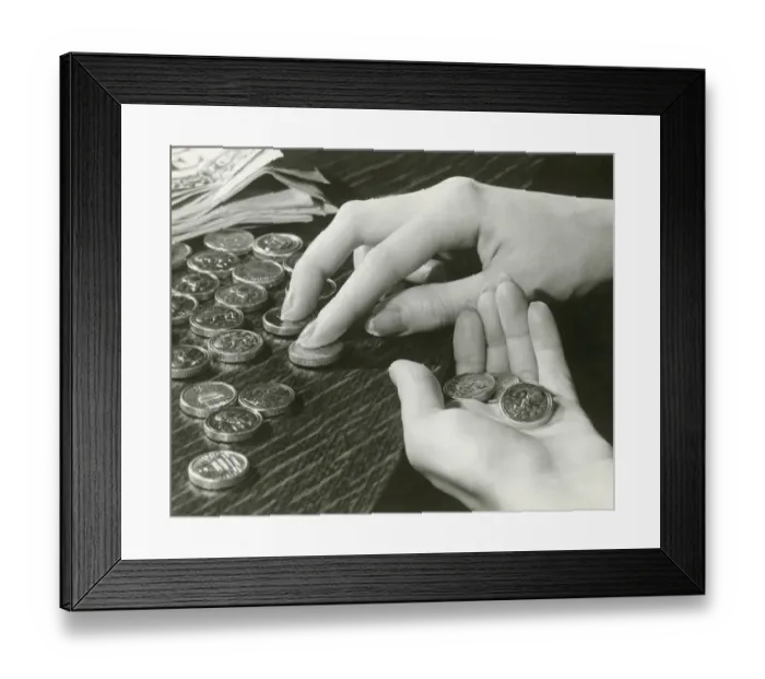 Framed Print : Woman counting change, close up of hands Framed Print : Woman counting change, close up of hands