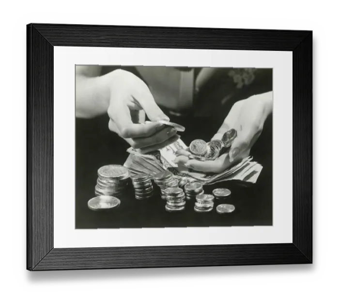 Framed Print : Woman counting change, close up of hands Framed Print : Woman counting change, close up of hands