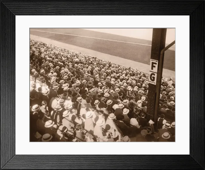 Framed Print : Crowd of people sitting in baseball stadium, rear, elevated view (B&W) Framed Print : Crowd of people sitting in baseball stadium, rear, elevated view (B&W)
