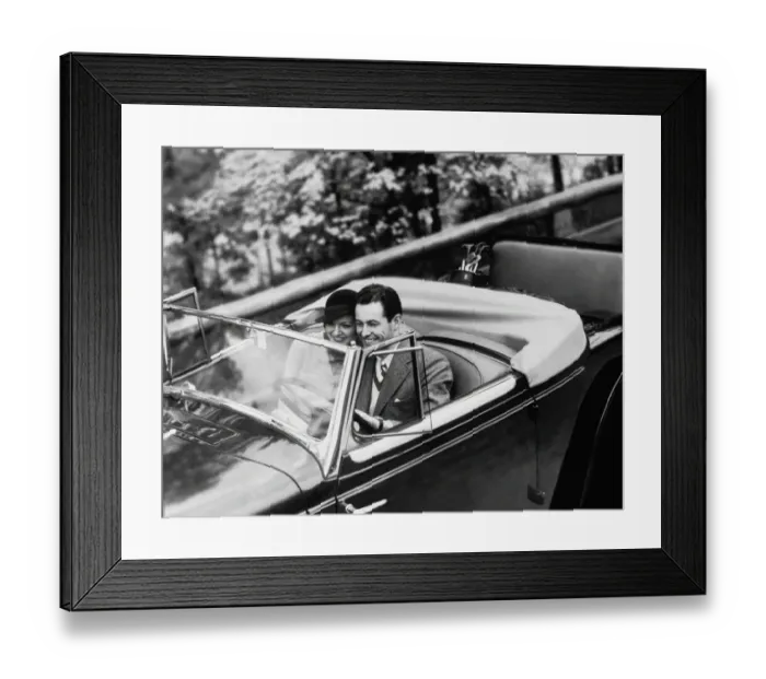 Framed Print : Young Couple in Vintage Soft Top Car with Golf Clubs on Back Seat Framed Print : Young Couple in Vintage Soft Top Car with Golf Clubs on Back Seat