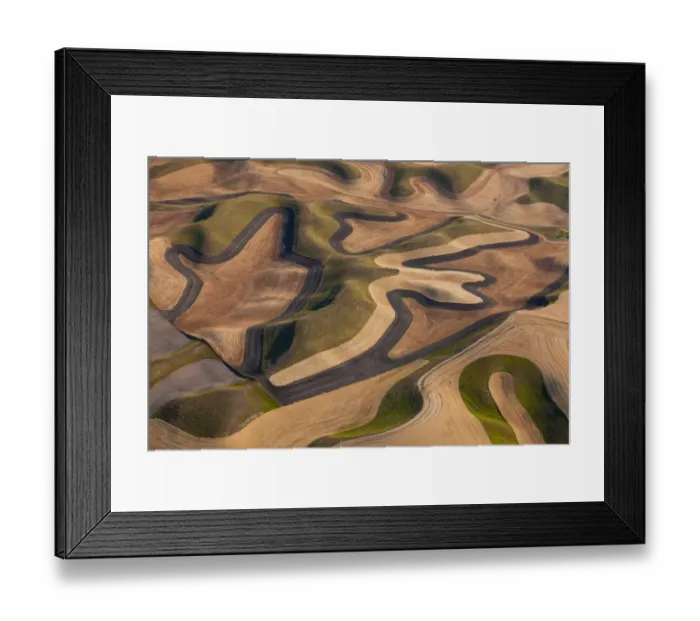 Framed Print : Farmland landscape, with ploughed fields and furrows in Palouse, Washington, USA. An aerial view with natural patterns Framed Print : Farmland landscape, with ploughed fields and furrows in Palouse, Washington, USA. An aerial view with natural patterns
