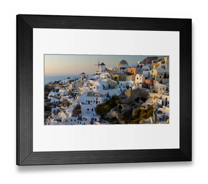 Framed Print : The windmills of Santorini in Greece. A hilltop town of whitewashed houses. Sunset Framed Print : The windmills of Santorini in Greece. A hilltop town of whitewashed houses. Sunset
