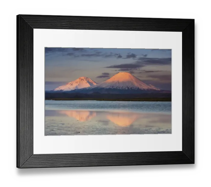 Framed Print : Payachata Volcanoes, twin volcanoes each standing over twenty thousand feet high, dominate the landscape in the Chilean Andes, Luaca National Park, Chile Framed Print : Payachata Volcanoes, twin volcanoes each standing over twenty thousand feet high, dominate the landscape in the Chilean Andes, Luaca National Park, Chile