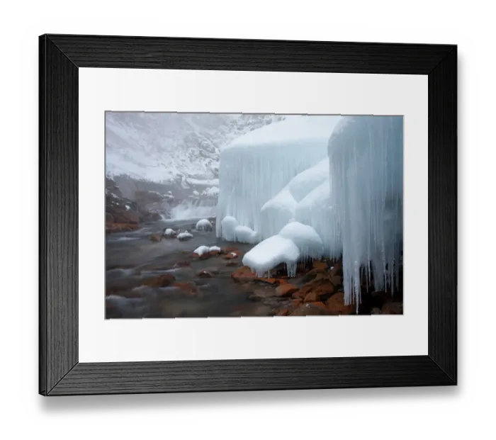 Framed Print : Honshu island, Nagano, Japan. Icicles and blocks of frozen snow by a stream Framed Print : Honshu island, Nagano, Japan. Icicles and blocks of frozen snow by a stream