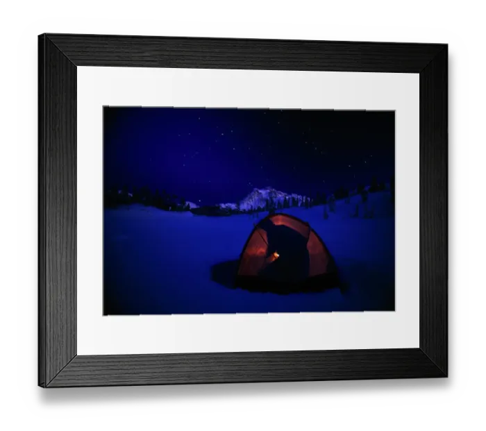 Framed Print : USA, Washington, Mount Baker, silhouette of man in tent on frozen lake Framed Print : USA, Washington, Mount Baker, silhouette of man in tent on frozen lake