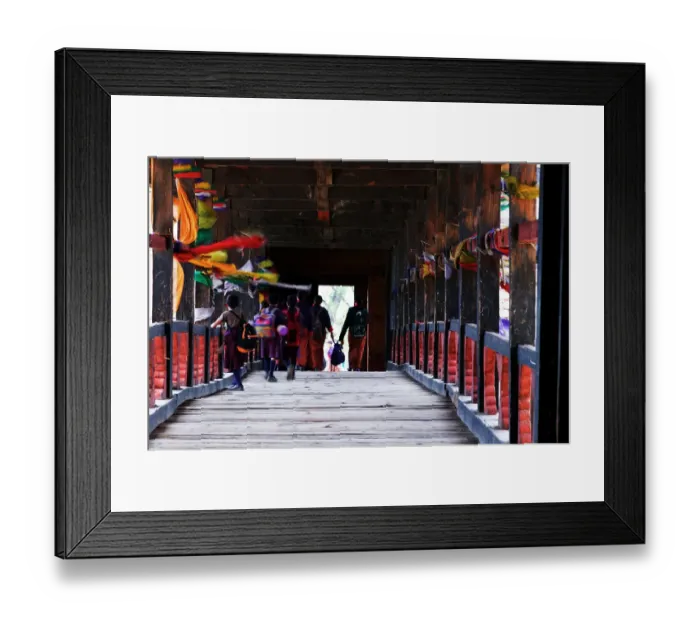 Framed Print : Bhutan, Paro, Paro Dzong, people crossing covered bridge, rear view Framed Print : Bhutan, Paro, Paro Dzong, people crossing covered bridge, rear view