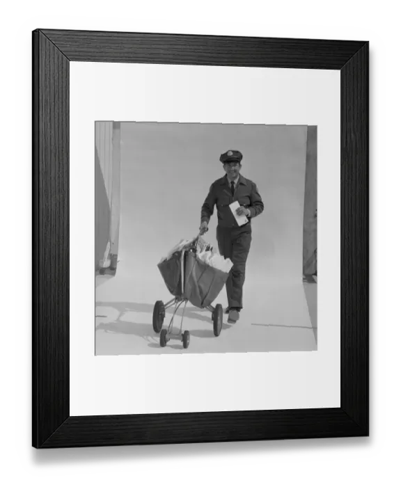 Framed Print : Postal worker carrying letters on wheel barrow against white background, portrait Framed Print : Postal worker carrying letters on wheel barrow against white background, portrait