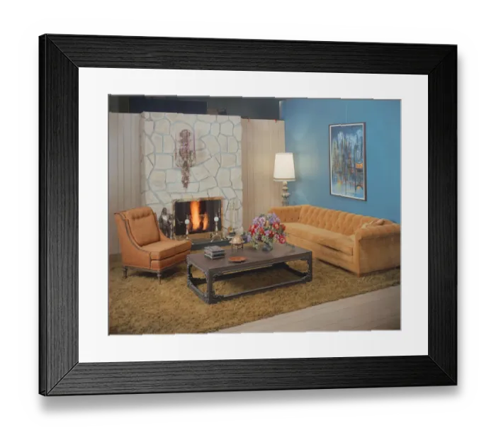 Framed Print : Living room with fireplace in background