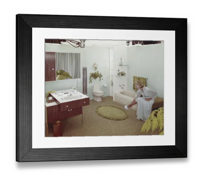 Framed Print : Woman in domestic bathroom Framed Print : Woman in domestic bathroom