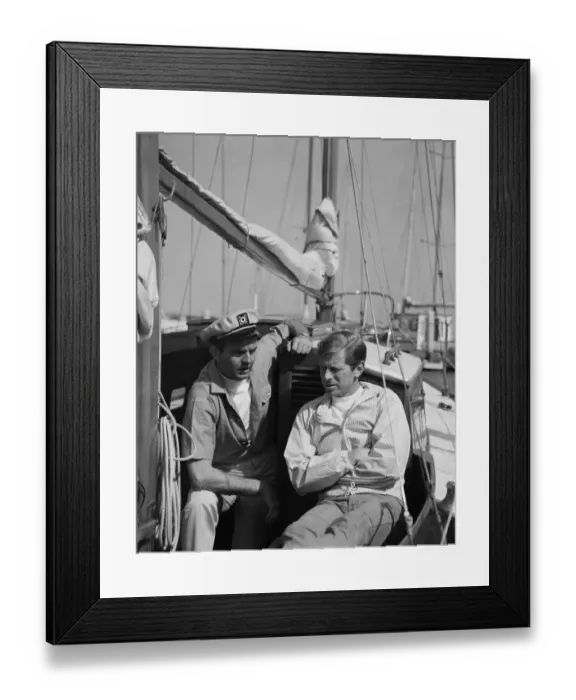 Framed Print : Two men sitting in boat, smiling Framed Print : Two men sitting in boat, smiling