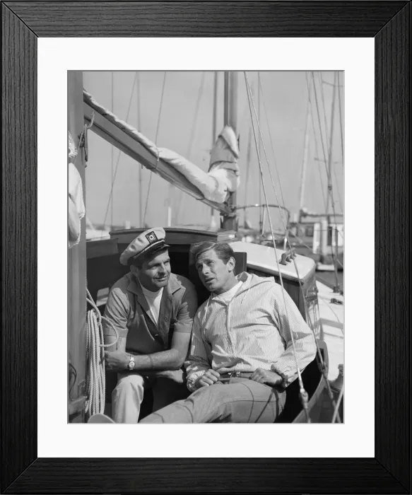 Framed Print : Two men sitting in boat, smiling Framed Print : Two men sitting in boat, smiling