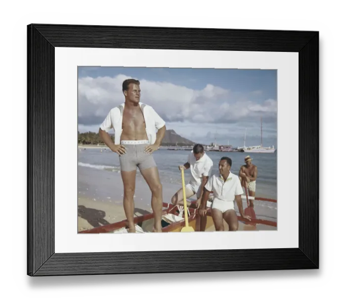 Framed Print : Friends standing in boat at beach Framed Print : Friends standing in boat at beach