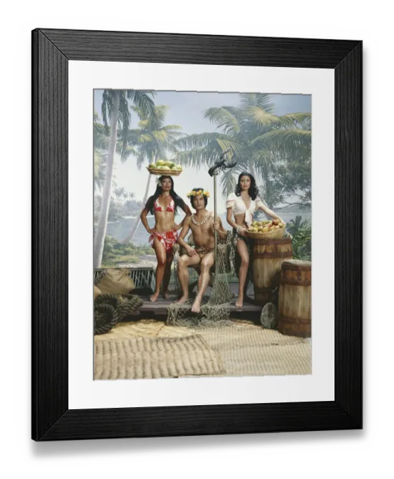 Framed Print : Man holding stick and woman with basket of fruits, portrait Framed Print : Man holding stick and woman with basket of fruits, portrait