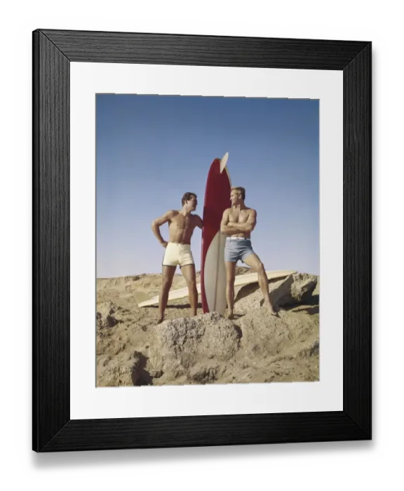 Framed Print : Sufers with surfboard standing on beach, smiling Framed Print : Sufers with surfboard standing on beach, smiling
