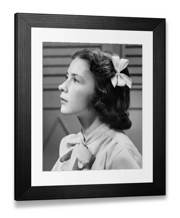 Framed Print : Teenage girl (14-15) posing, (B&W), close-up, portrait