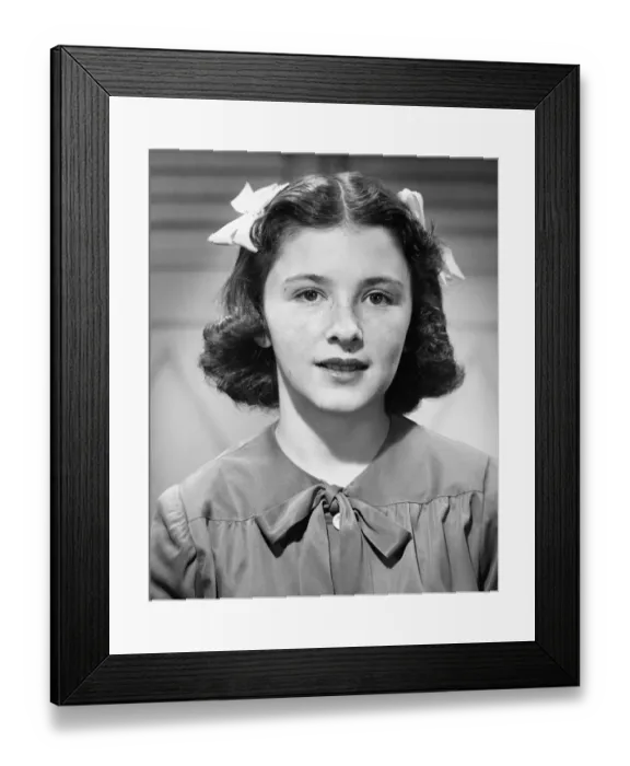 Framed Print : Teenage girl (14-15) posing, (B&W), close-up, portrait
