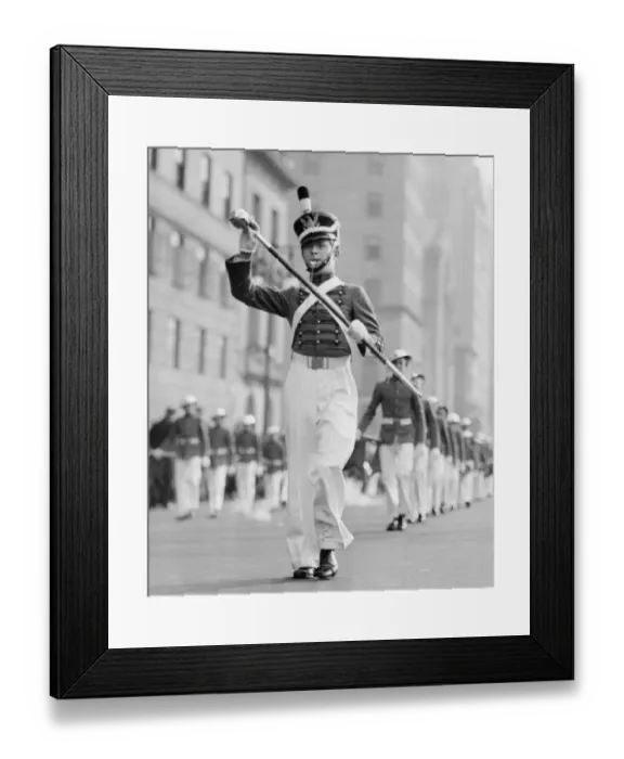 Framed Print : Drum major leading parade in old-fashioned uniforms, (B&W) Framed Print : Drum major leading parade in old-fashioned uniforms, (B&W)