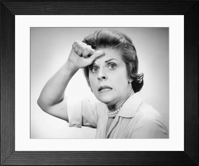 Framed Print : Woman with anguished expression, (B&W), portrait Framed Print : Woman with anguished expression, (B&W), portrait