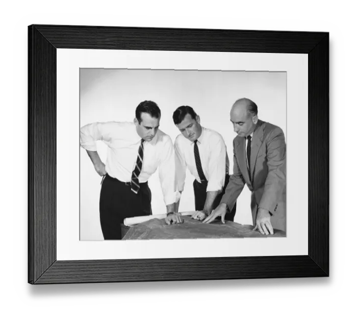 Framed Print : Three men looking at blueprints Framed Print : Three men looking at blueprints