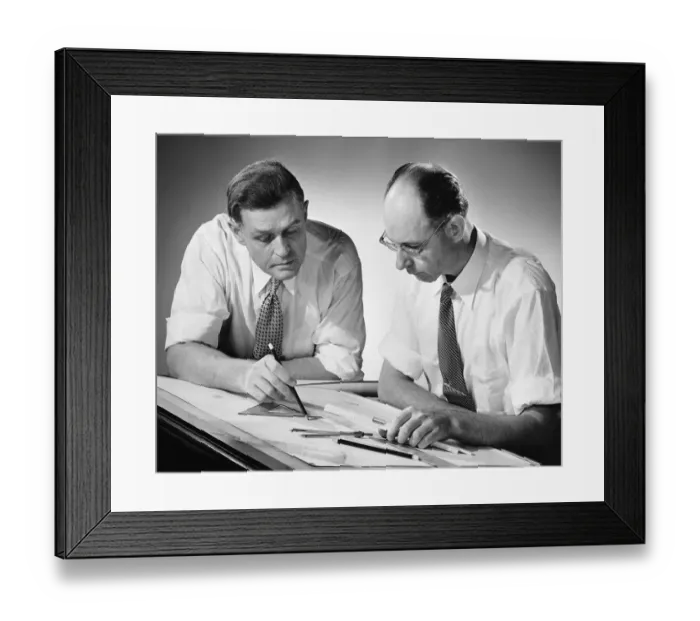 Framed Print : Two men at drafting table Framed Print : Two men at drafting table