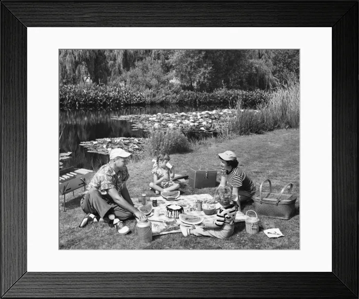 Framed Print : Family having picnic by pond Framed Print : Family having picnic by pond