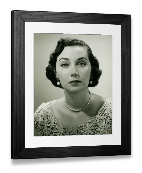 Framed Print : Woman in lace dress posing in studio, (B&W), (Close-up), (Portrait) Framed Print : Woman in lace dress posing in studio, (B&W), (Close-up), (Portrait)